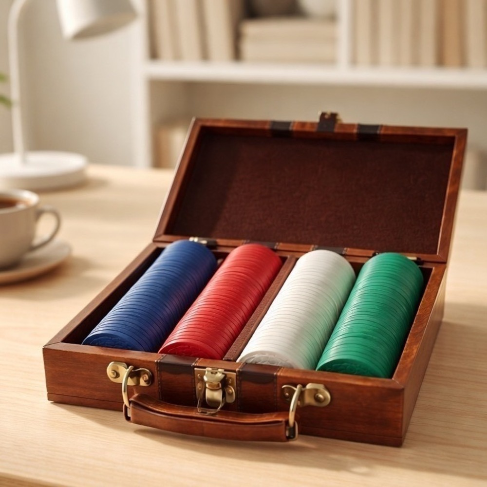 Vintage Style Poker Chip Gambling Brown Faux Leather Carrying Case Travel Game